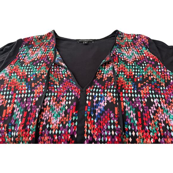 SIGNATURE STUDIO LONG SLV V-NECK TUNIC BLOUSE, WOMENS, 2X, BLACK & MULTICOLOR - Picture 2 of 11